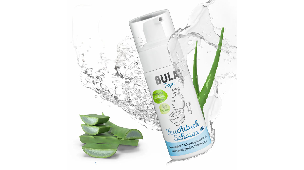 4 x Outdoor-Hygiene für unterwegs 2 Ein Pumpstoßdieses Outdoor-Hygiene-Produkts verwandelt Toilettenpapier in ein angenehmes Feuchttuch ©Bula