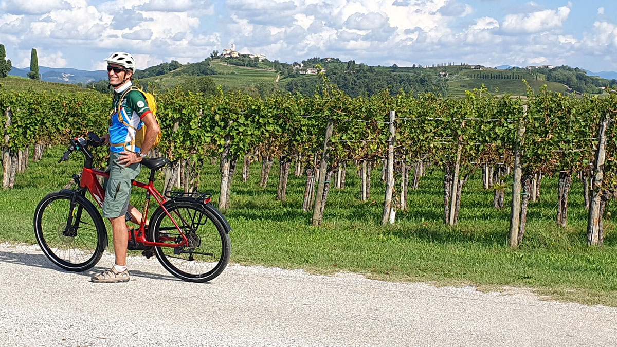 Neues Radlerparadies: Udine und Umland 3 a man riding a bicycle in front of a vineyard in udine fraul italy
