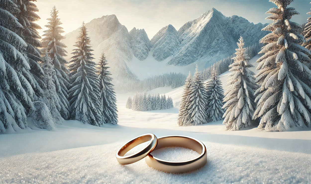 11 Ehen im Schnee: Wenn sich Skigebiete vermählen 21 Illustrierte Winterlandschaft mit Eheringen im Vordergrund