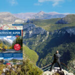 Die Französischen Alpen: der ultimative Reiseführer 5 Eine Collage mit dem Cover des Reiseführers Französische Alpen über der Schlucht Grand Canyon du Verdon