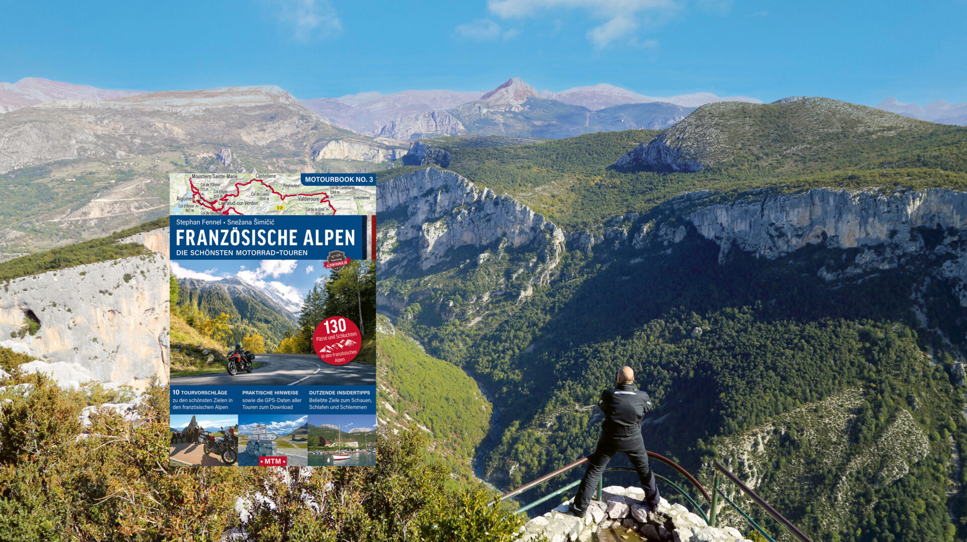 Die Französischen Alpen: der ultimative Reiseführer 8 Eine Collage mit dem Cover des Reiseführers Französische Alpen über der Schlucht Grand Canyon du Verdon