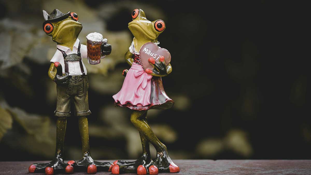 Zwischen Dirndl und Design: So lebt Tradition in modernen Städten weiter 1 Tradition mit Augenzwinkern: Zwei Froschspielzeuge im Dirndl zeigen, dass Alpenkultur auch verspielt sein kann